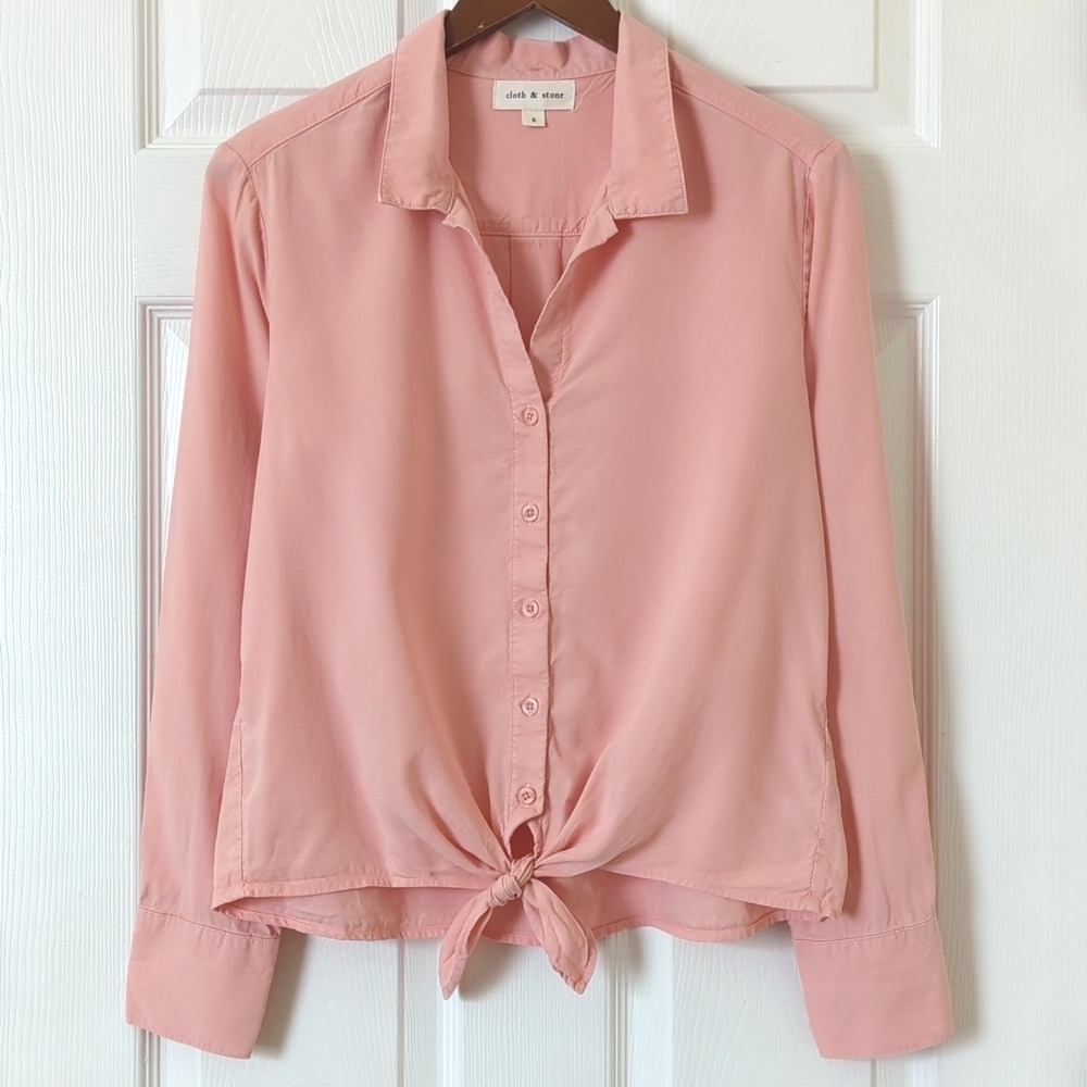 Cloth & Stone Classic Tencel Long Sleeve Button Down Tie Front Top Salmon Pink S - Picture 1 of 11